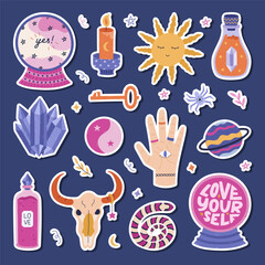 Lovely cartoon witchcraft and mystery sticker set for planners, notebooks, diary. Ready for print list of cute stickers of magic crystal ball, gemstone, sun symbol, skull of cow, snake, love potion.