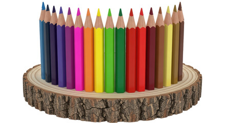 Isolated Circle of Colored Pencils on Tree Stump