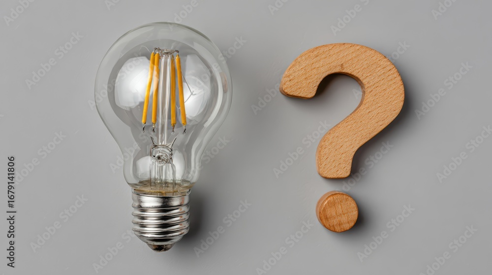 Poster illuminating conundrum question mark light bulb flat lay ideal for creative brainstorming or puzzles