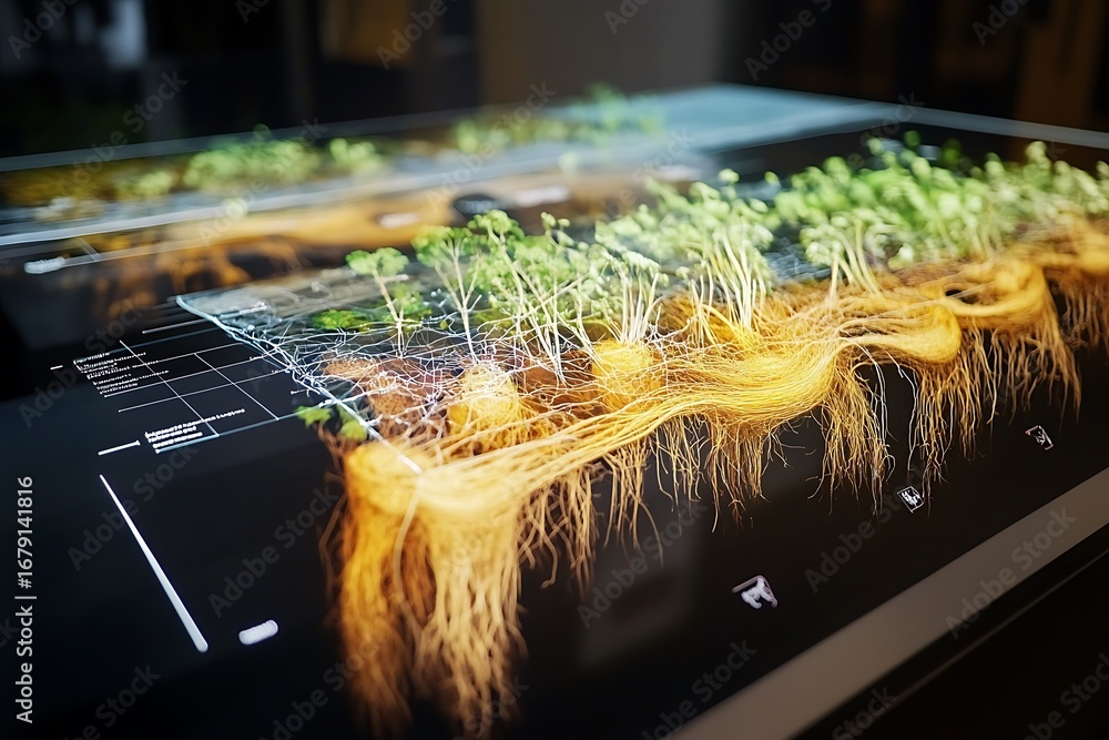 Poster digital bio-mapping interface showing cross-sections of engineered plant root systems