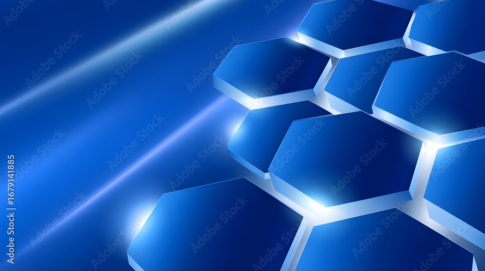 Poster futuristic abstract background with glowing blue hexagonal shapes and dynamic lighting effects, conv