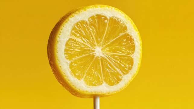 Vibrant Lemon Slice on Stick Lollipop Against a Radiant Yellow Background Ideal for Advertisements and FoodFocused Projects, Boosting Energy and Cheerfulness. - Powered by Adobe