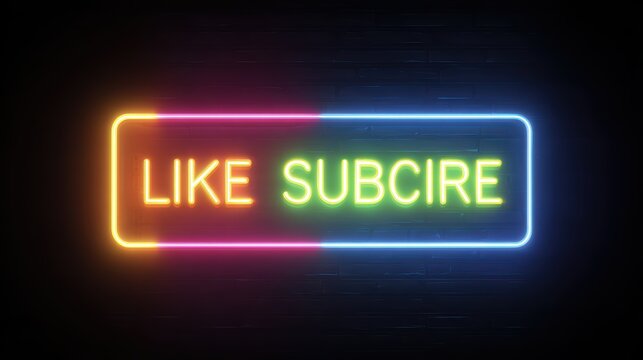 Vibrant Neon Sign with Like, Share, Subscribe CalltoAction on a Dark Background Ideal for Social Media Campaigns and Digital Marketing, Evoking Energy and Excitement.