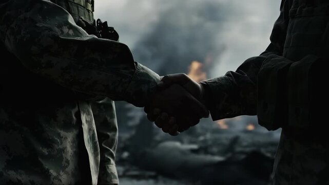 Successful military war operation. Soldiers clasp hands against demolished city with heavy smoke billows from fires after airstrike bombing or missile attacks. Deal handshake