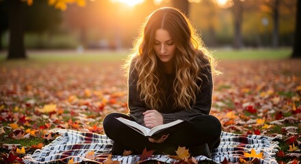 Woman Reading Outdoors in Autumn Park