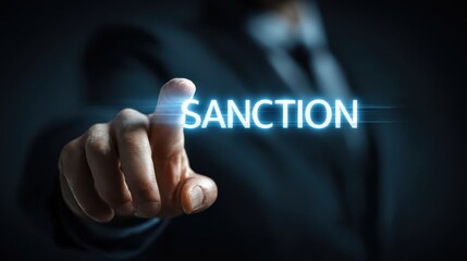 Businessman Pointing to Sanction on Screen in a Digital Work Environment, Perfect for Financial Campaigns and Presentations, Evokes Focus and Determination.