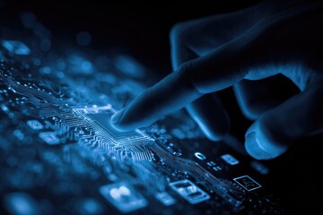 Hand touching glowing digital screen with abstract data and icons in dark environment.