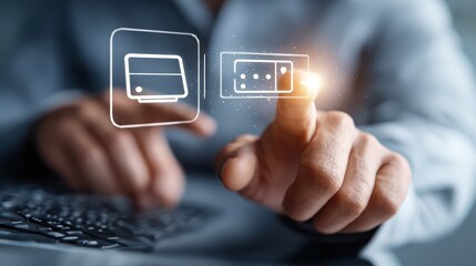Man Touching Online Train Ticket Concept TechSavvy Commuter in Focus, Ideal for Digital Marketing Campaigns Evoking Efficiency and Modernity.