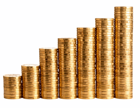 Stacked Gold Coins in Rising Columns, Side Angle View, isolated