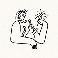 Woman holding sparkler, new year celebration doodle clipart