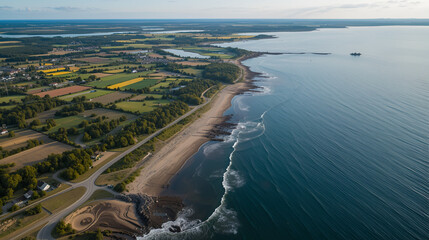 Aerial view of shore and seaside farmland in Nova Scotia