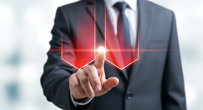 Businessman points to glowing red downward trend arrows symbolizing financial loss analytics and business decline on a futuristic interface