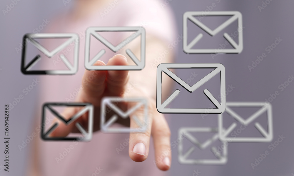 Poster hand selecting email message from a digital interface. concept for communication, inbox, and technol