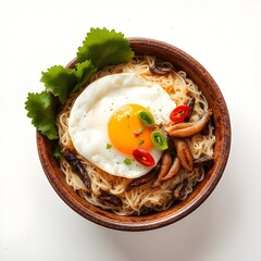 Overhead Shot of Nasi Goreng Kampung with Fried Anchovies, Egg, and Fresh Chilies