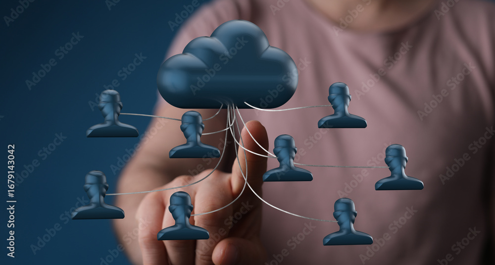 Poster illustrates secure cloud data access for multiple users. ideal for technology, networking, and cyber
