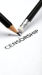 Two pencils, one with an eraser, positioned to erase the word "CENSORSHIP" on a sheet of white paper