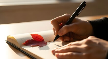 Person Writing in Notebook with Autumn Leaf