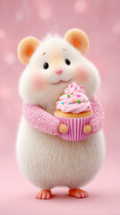Hamster, A cute 3D illustration of a hamster cuddling a colorful cupcake, perfect for whimsical and animal-themed projects.