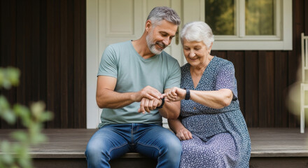 Mature son showing his elderly mother a smartwatch on the porch.