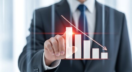 Business professional analyzing falling financial chart and graph data on futuristic digital display