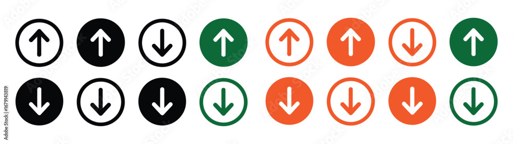Poster vector set of arrows in colorful circle on transparent background, up down forward back or vector il