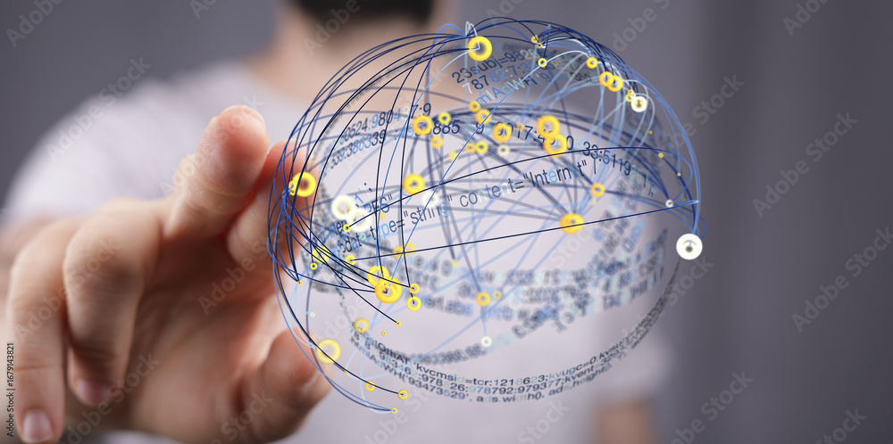 Aufkleber abstract image of a person interacting with a digital sphere representing global data connections an