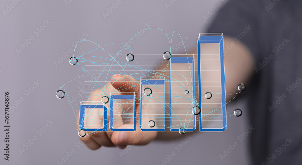 Poster hand interacting with a 3d bar chart showing data analysis and visualization. perfect for business, 