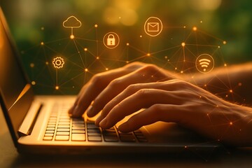 Hands typing on a laptop with glowing digital technology icons floating above