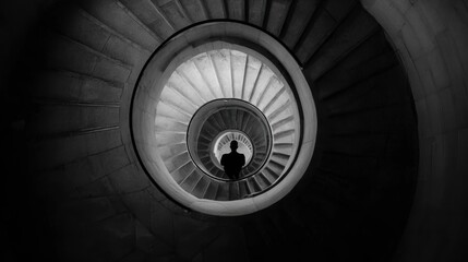 Figure in dark navigating curved steps, suitable for album art, poster, or introspective project