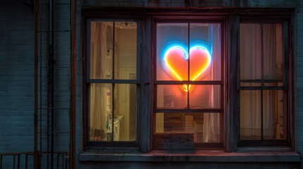 Stunning Neon Heart Sign Illuminating Apartment Window at Night, Perfect for Vibrant Branding and Social Media Campaigns, Boosts Energy and Attractiveness.
