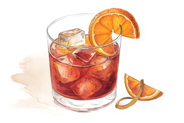 Watercolor Negroni Cocktail with Orange Slice and Peel in a Rocks Glass drink beverage