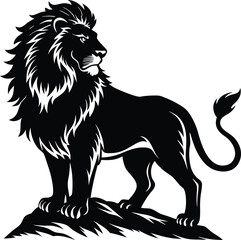 Majestic lion standing proudly on a rocky outcrop silhouette graphic © Mofajjol