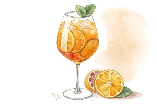Watercolor illustration of an Aperol Spritz cocktail with orange slices and mint leaves drink beverage - Powered by Adobe