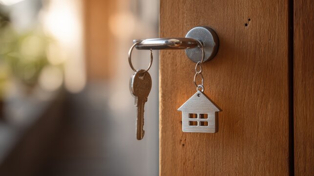 Key Holder with HomeShaped Key Holds Promise of a New Beginning Perfect for Real Estate and Inspiring Content Creation.