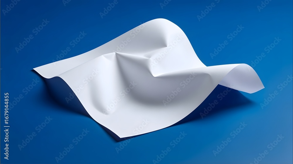 Poster a minimalist image of a crumpled white paper sheet with smooth, flowing curves against a solid blue 