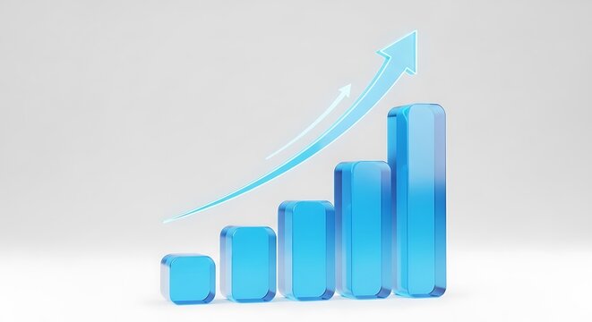 Business growth chart with blue bars and upward trend line representing financial success and economic progress