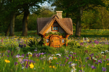 Charming thatched cottage nestled in a vibrant wildflower meadow