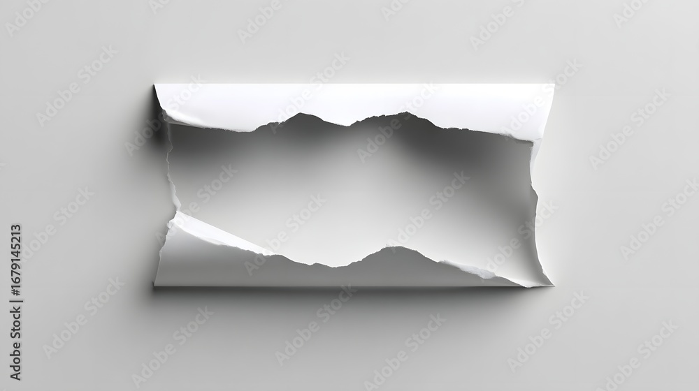Poster abstract composition of a torn piece of white paper with a dramatic ripped hole, creating an interes