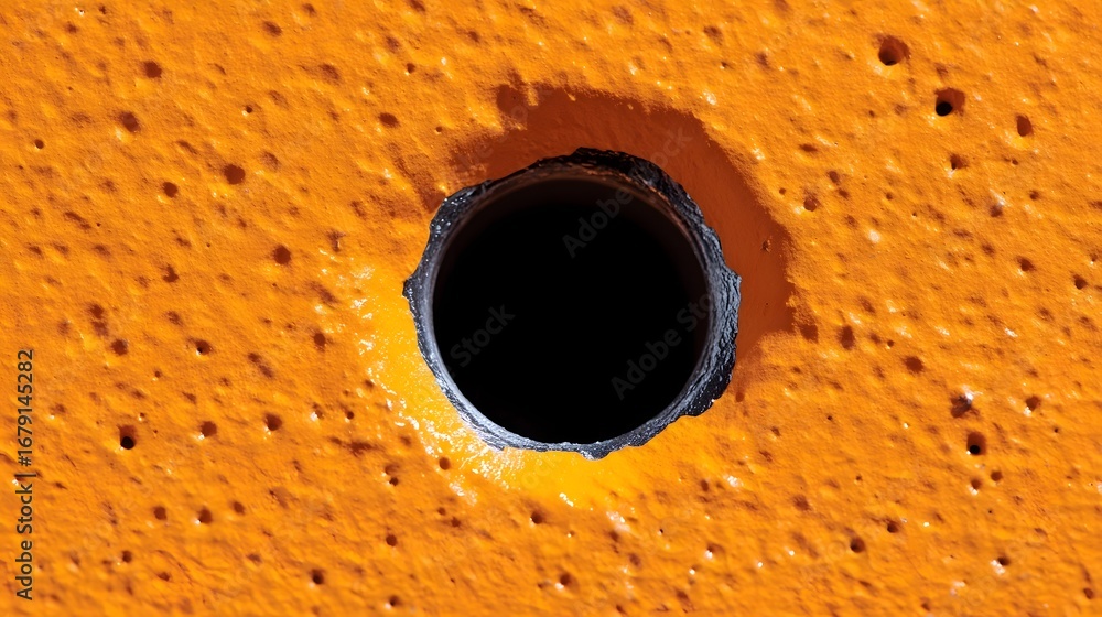 Poster close-up of an orange, porous surface with a distinct circular opening or hole in the center, creati