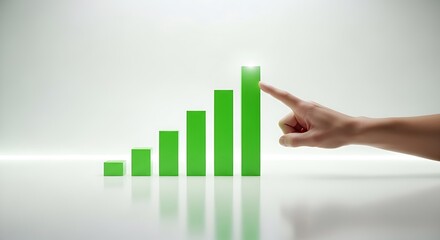 Business growth success hand touching green bar chart showing upward trend and positive financial performance