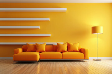 Modern living room with orange sectional sofa and yellow wall