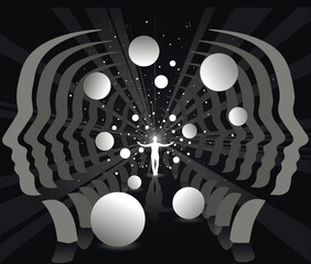 Psychedelic Surreal Head Silhouette. Abstract psychedelic artwork of multiple human head silhouettes facing center with cosmic spheres and glowing energy surreal composition.