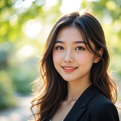 Obraz premium A smiling Korean woman in her 20s looks brightly at the camera outdoors in the sunshine