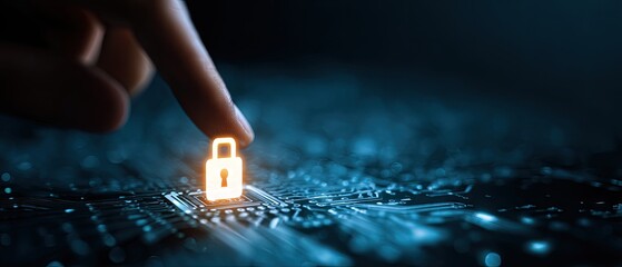 Finger touching glowing padlock on circuit board, symbolizing digital security and data protection.