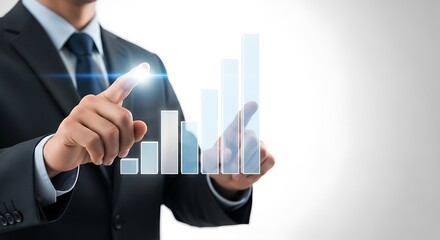 Businessman interacting with a glowing 3d bar graph highlighting financial growth and data analysis on a modern digital interface