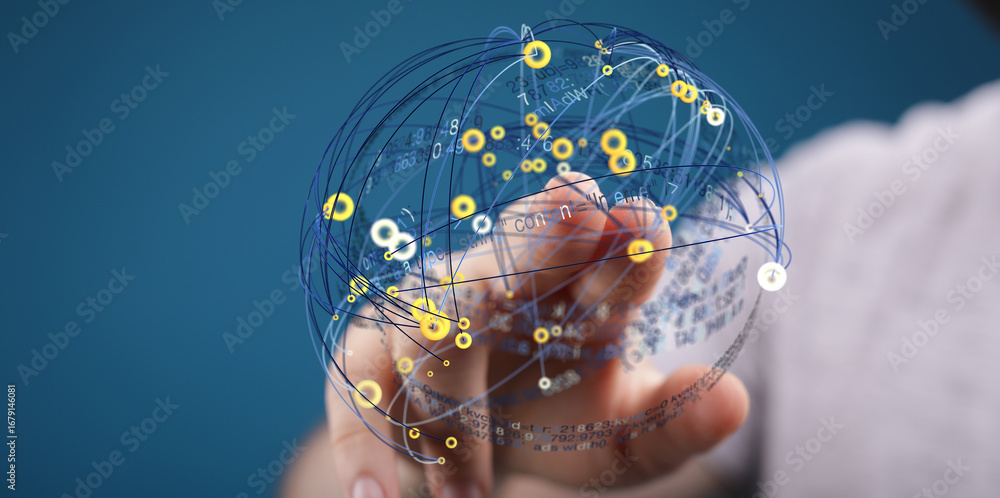 Poster hand interacting with a digital sphere, visualizing complex data connections and global networks.