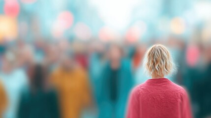 Woman stands alone in a busy city street during twilight