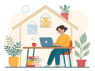 Fototapeta premium Cartoon home office scene with young woman, laptop, plants, coffee, and books, bright and cozy style, isolated white background. 