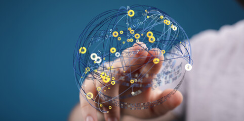 Hand interacting with a digital sphere, visualizing complex data connections and global networks.