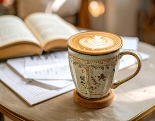 Ceramic Footed Mug with Latte Art on Coffee Table and Book